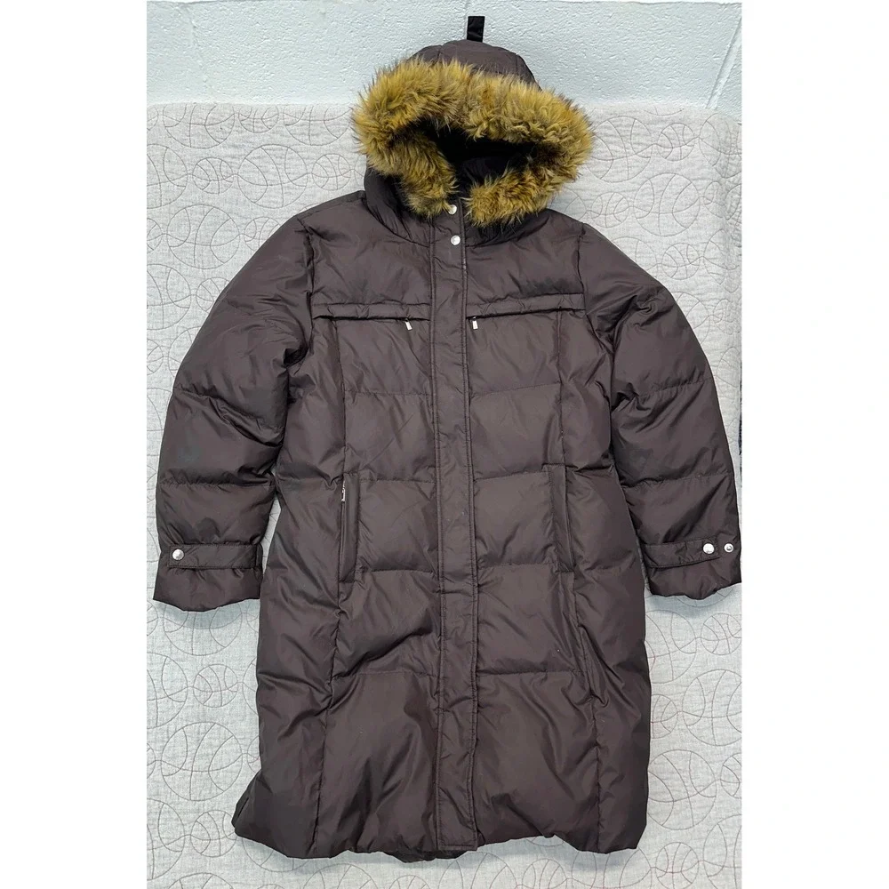 Michael Kors Puffer Coat Brown Faux Fur Trim Hooded / Womens XL